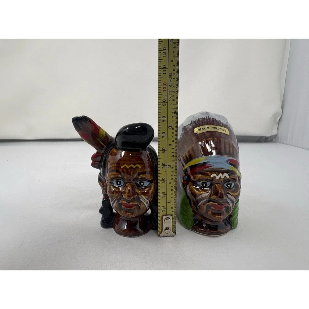 Vintage Walls Ceramic Japan Hand Painted Native American Colorful Salt & Pepper